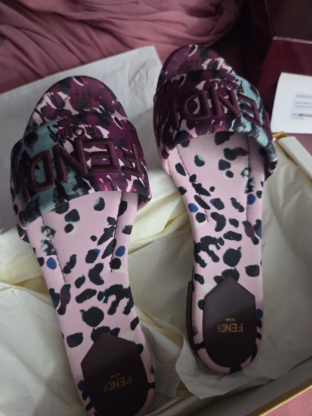 Fendi Pink Leopard-Print Logo Slide Sandals with Multicolor Strap